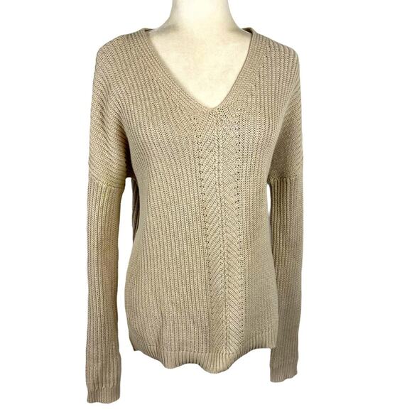Vince Ribbed Knit Directional V-neck 100% Cotton Pullover Sweater Neutral XS - Picture 1 of 8